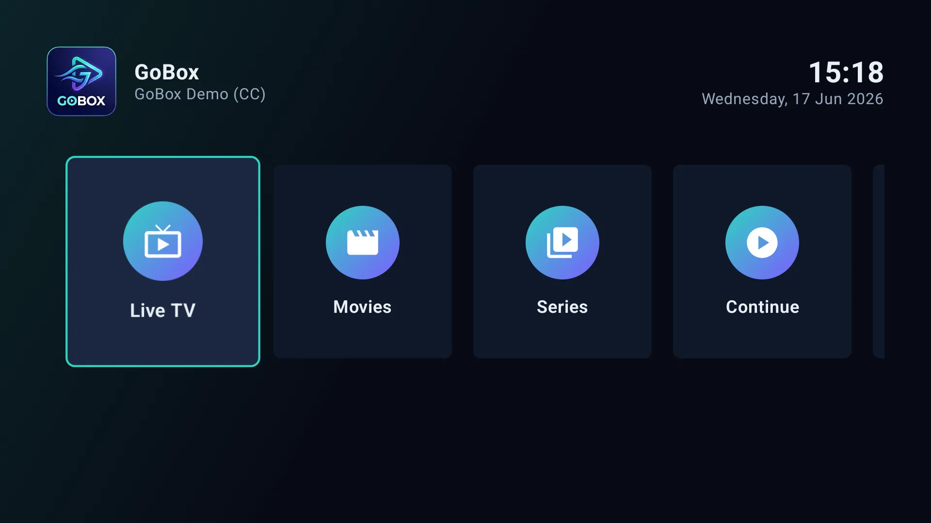 GoBox Player home screen on Android TV